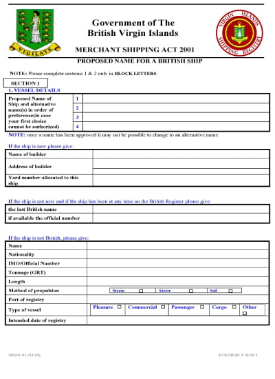 форма SR101-01 для официального утверждения названия яхты