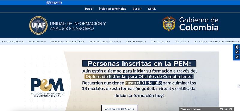 Сайт UIAF — Unidad de Información y Análisis Financiero