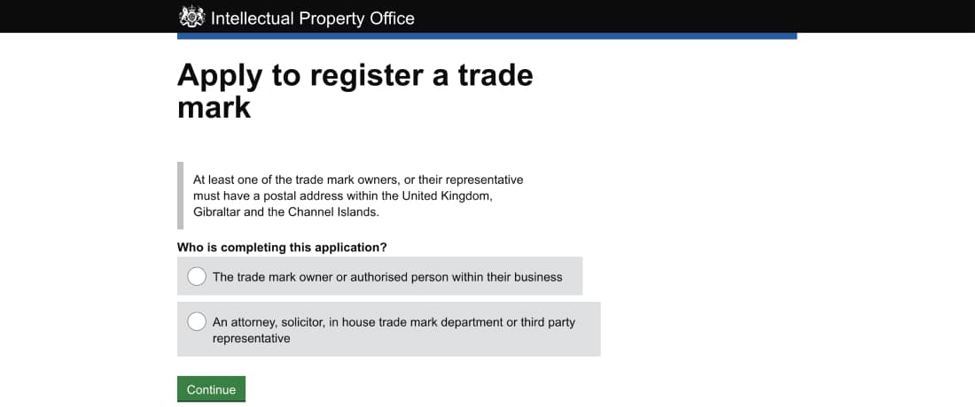 Web resource for filing an application for registration of a TM in England