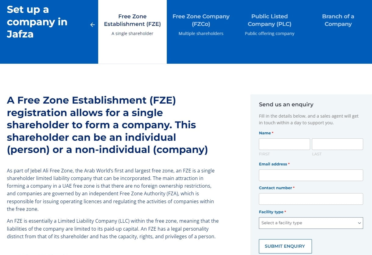 сторінка з налаштування бізнесу на офіційному сайті JAFZA