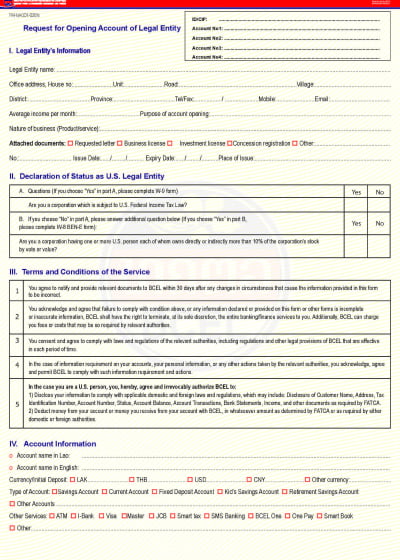 Application form for opening an account for a company in BCL Bank