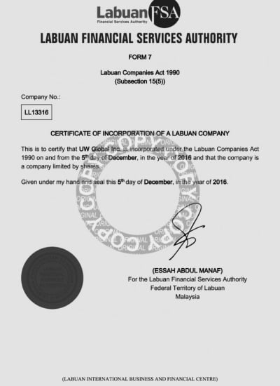 Пример Свидетельства о регистрации компании в Лабуане